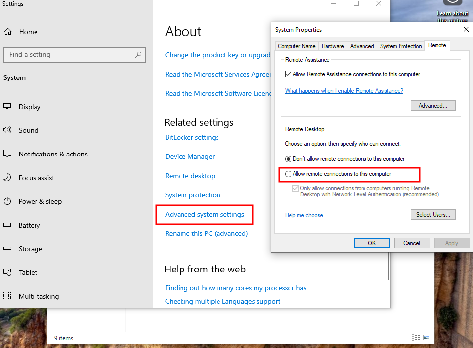 Enable Remote Desktop Screenshot